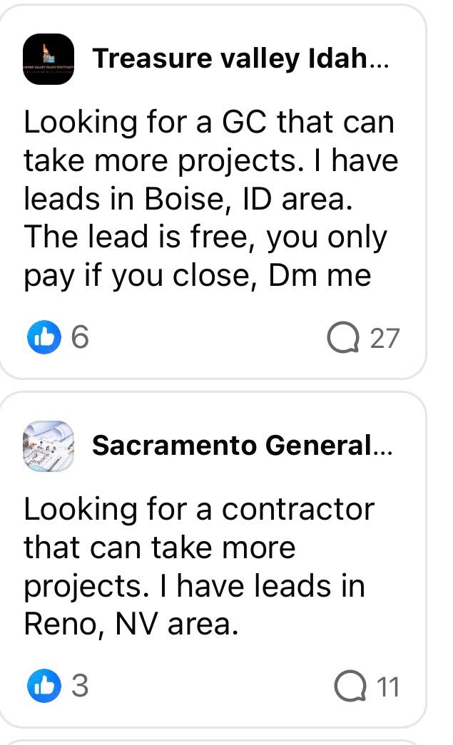 Real posts offering free leads in local contractor Facebook groups